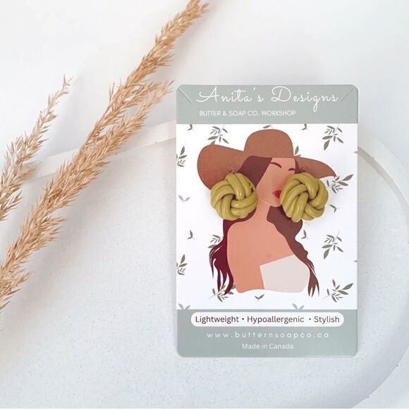 Olive Green Knots Clay Earrings S925 Silver gold posts - Picture 6 of 7